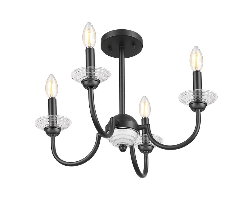 Z-Lite Allistair 4-Light Candelabra Bulb Base Matte Black Steel Frame Clear Ribbed Glass Shade Semi Flush Mount Lighting