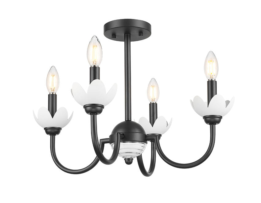 Z-Lite Allistair 4-Light Candelabra Bulb Base Matte Black Steel Frame Clear Ribbed Glass Shade Semi Flush Mount Lighting