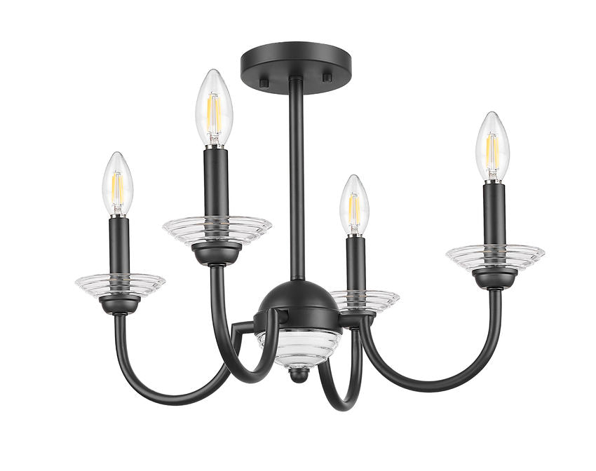 Z-Lite Allistair 4-Light Candelabra Bulb Base Matte Black Steel Frame Clear Ribbed Glass Shade Semi Flush Mount Lighting