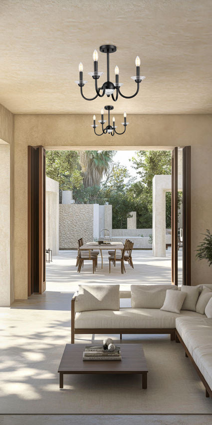 Z-Lite Allistair 4-Light Candelabra Bulb Base Matte Black Steel Frame Clear Ribbed Glass Shade Semi Flush Mount Lighting