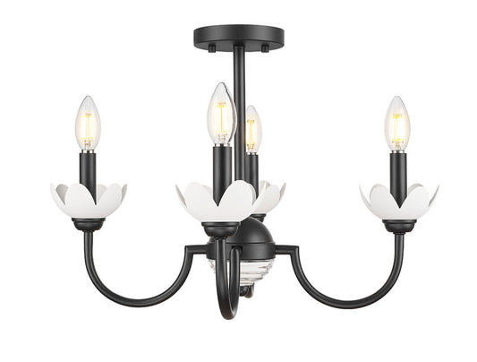 Z-Lite Allistair 4-Light Candelabra Bulb Base Matte Black Steel Frame Clear Ribbed Glass Shade Semi Flush Mount Lighting