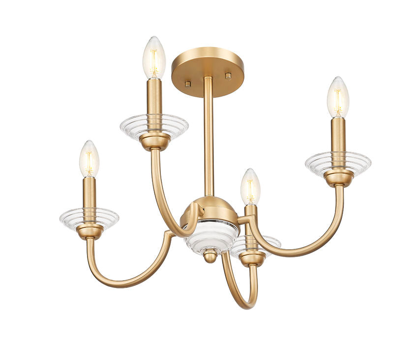 Z-Lite Allistair 4-Light Candelabra Bulb Base Modern Gold Steel Frame Clear Ribbed Glass Shade Semi Flush Mount Lighting