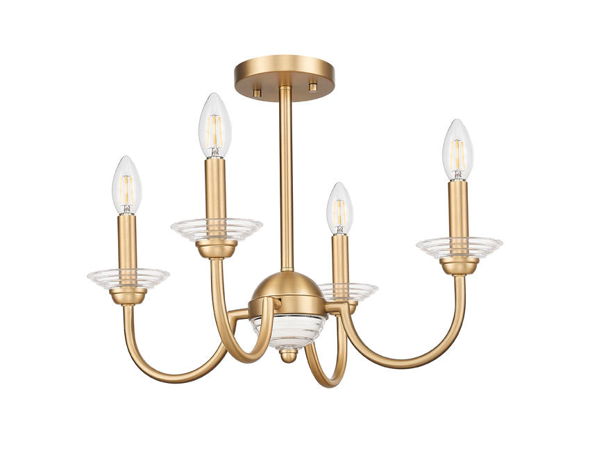 Z-Lite Allistair 4-Light Candelabra Bulb Base Modern Gold Steel Frame Clear Ribbed Glass Shade Semi Flush Mount Lighting