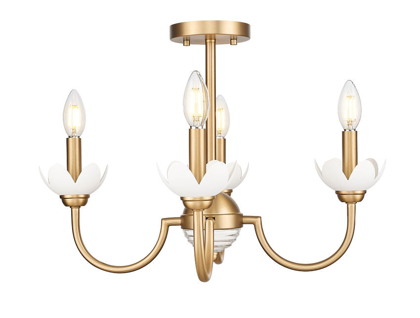 Z-Lite Allistair 4-Light Candelabra Bulb Base Modern Gold Steel Frame Clear Ribbed Glass Shade Semi Flush Mount Lighting