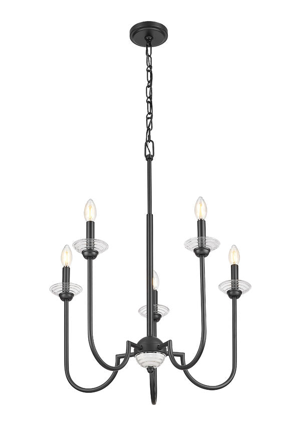 Z-Lite Allistair 5-Light Candelabra Bulb Base Matte Black Steel Frame Clear Ribbed Glass Shade Chandelier