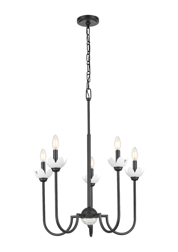 Z-Lite Allistair 5-Light Candelabra Bulb Base Matte Black Steel Frame Clear Ribbed Glass Shade Chandelier