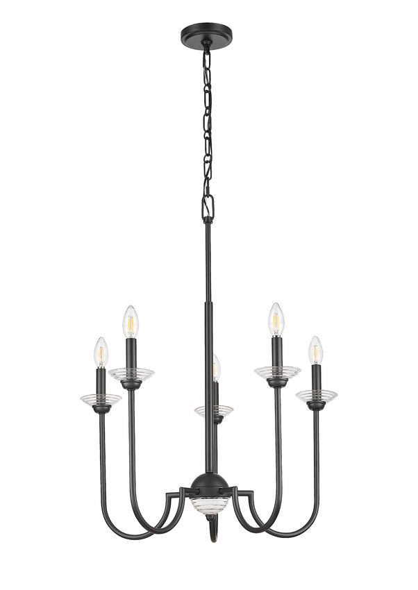 Z-Lite Allistair 5-Light Candelabra Bulb Base Matte Black Steel Frame Clear Ribbed Glass Shade Chandelier