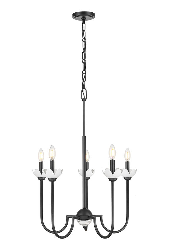 Z-Lite Allistair 5-Light Candelabra Bulb Base Matte Black Steel Frame Clear Ribbed Glass Shade Chandelier