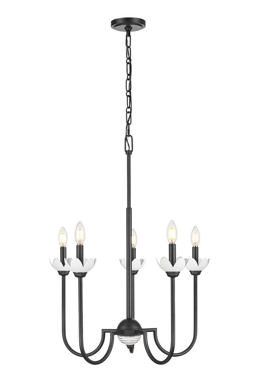Z-Lite Allistair 5-Light Candelabra Bulb Base Matte Black Steel Frame Clear Ribbed Glass Shade Chandelier
