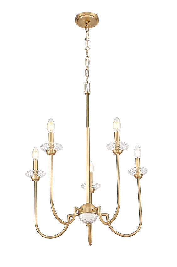 Z-Lite Allistair 5-Light Candelabra Bulb Base Modern Gold Steel Frame Clear Ribbed Glass Shade Chandelier