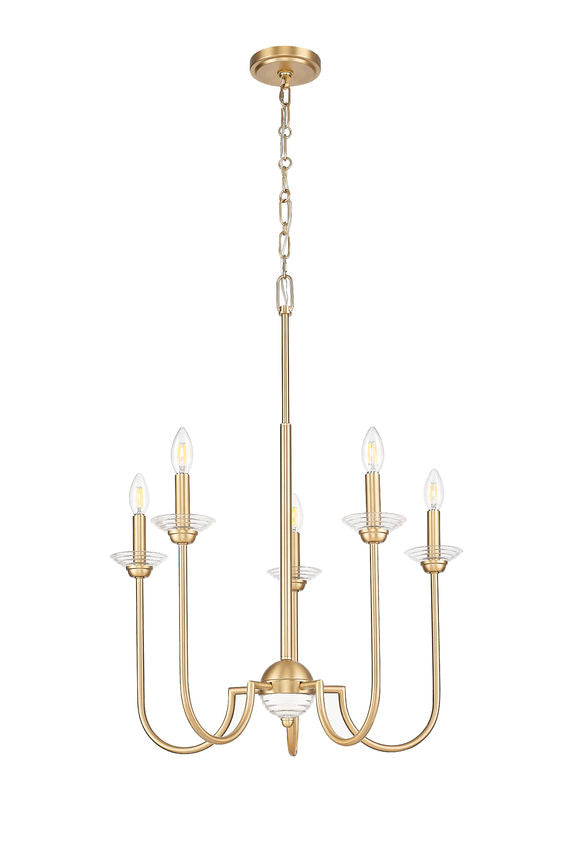 Z-Lite Allistair 5-Light Candelabra Bulb Base Modern Gold Steel Frame Clear Ribbed Glass Shade Chandelier