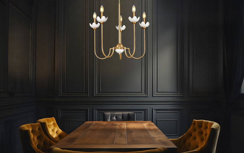 Z-Lite Allistair 5-Light Candelabra Bulb Base Modern Gold Steel Frame Clear Ribbed Glass Shade Chandelier