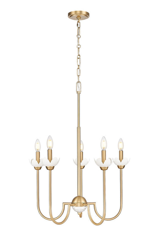 Z-Lite Allistair 5-Light Candelabra Bulb Base Modern Gold Steel Frame Clear Ribbed Glass Shade Chandelier