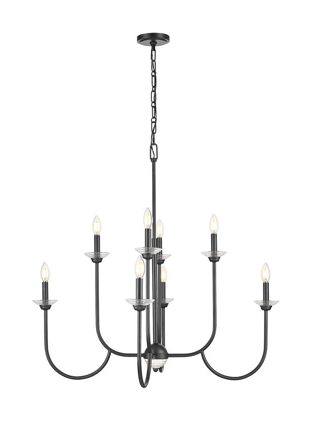 Z-Lite Allistair 8-Light Candelabra Bulb Base Matte Black Steel Frame Clear Ribbed Glass Shade Chandelier
