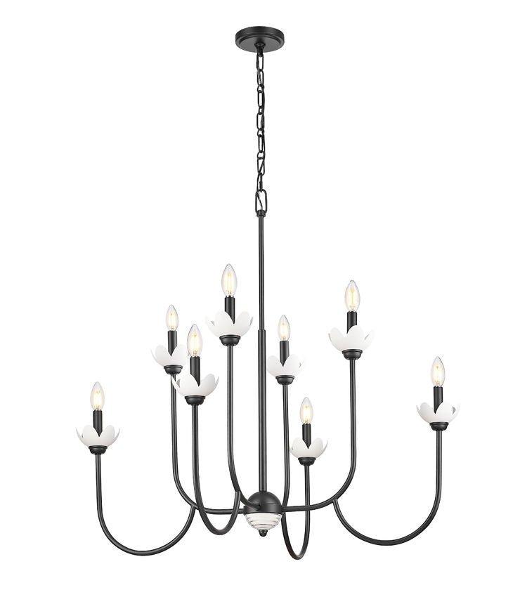 Z-Lite Allistair 8-Light Candelabra Bulb Base Matte Black Steel Frame Clear Ribbed Glass Shade Chandelier