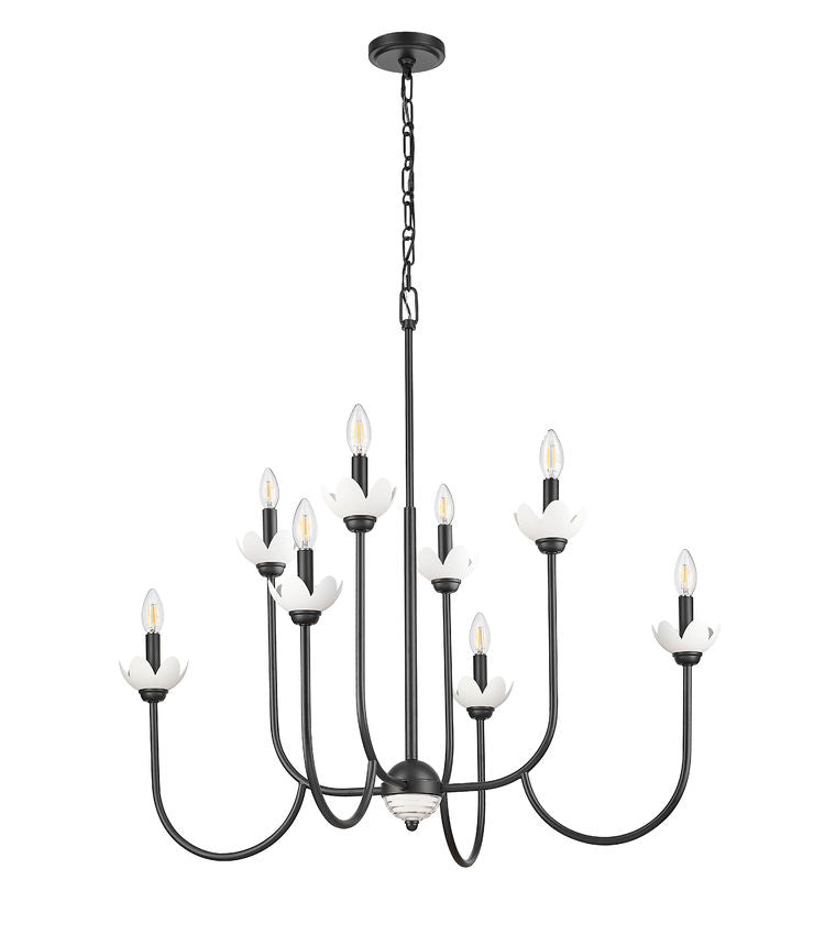 Z-Lite Allistair 8-Light Candelabra Bulb Base Matte Black Steel Frame Clear Ribbed Glass Shade Chandelier