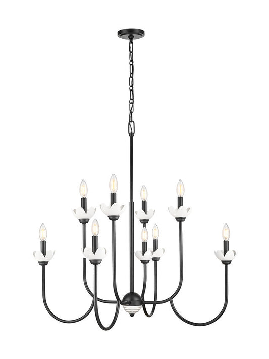 Z-Lite Allistair 8-Light Candelabra Bulb Base Matte Black Steel Frame Clear Ribbed Glass Shade Chandelier
