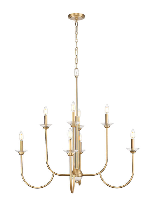 Z-Lite Allistair 8-Light Candelabra Bulb Base Modern Gold Steel Frame Clear Ribbed Glass Shade Chandelier