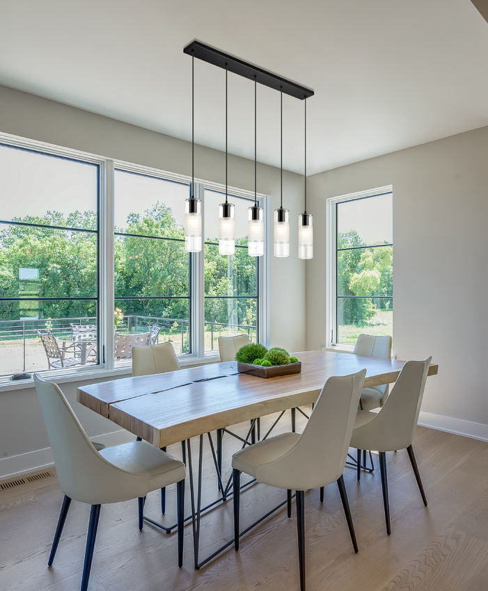 Z-Lite Alton 5" 5-Light Matte Black Steel and Clear Frosted Glass Shade Linear Chandelier