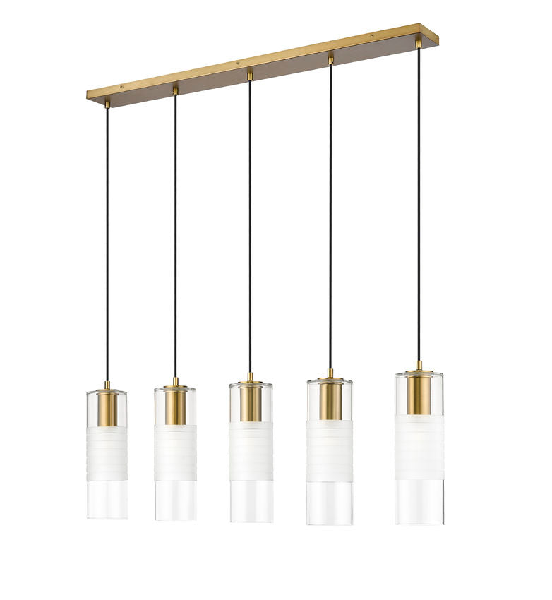 Z-Lite Alton 5" 5-Light Modern Gold Steel and Clear Frosted Glass Shade Linear Chandelier