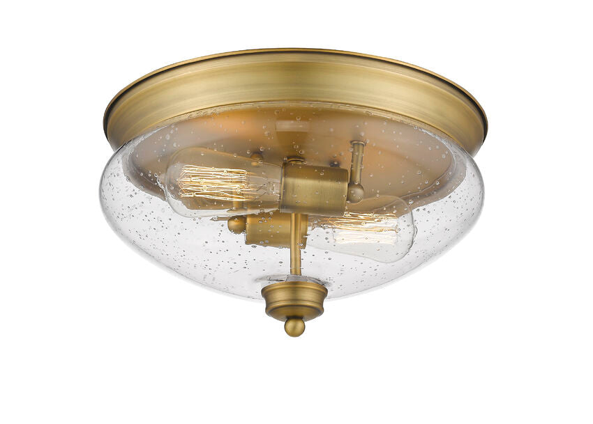 Z-Lite Amon 13" 2-Light Heritage Brass Flush Mount Lighting With Clear Seedy Glass Shade