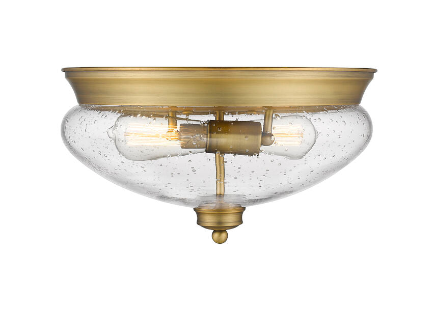 Z-Lite Amon 13" 2-Light Heritage Brass Flush Mount Lighting With Clear Seedy Glass Shade