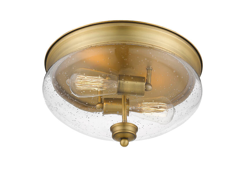 Z-Lite Amon 13" 2-Light Heritage Brass Flush Mount Lighting With Clear Seedy Glass Shade