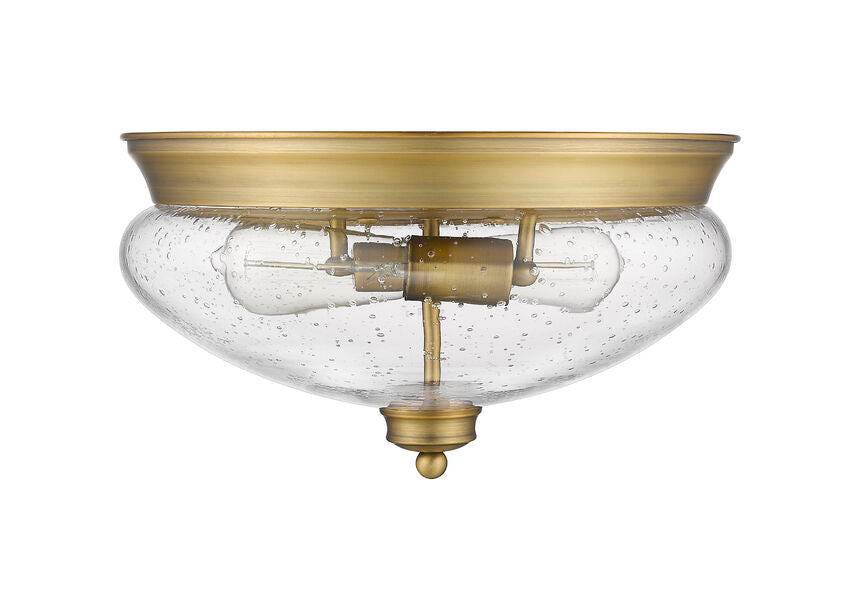 Z-Lite Amon 13" 2-Light Heritage Brass Flush Mount Lighting With Clear Seedy Glass Shade