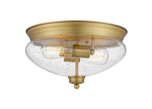 Z-Lite Amon 13" 2-Light Heritage Brass Flush Mount Lighting With Clear Seedy Glass Shade