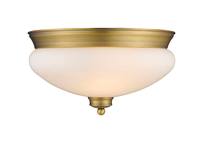 Z-Lite Amon 13" 2-Light Heritage Brass Flush Mount Lighting With Matte Opal Glass Shade