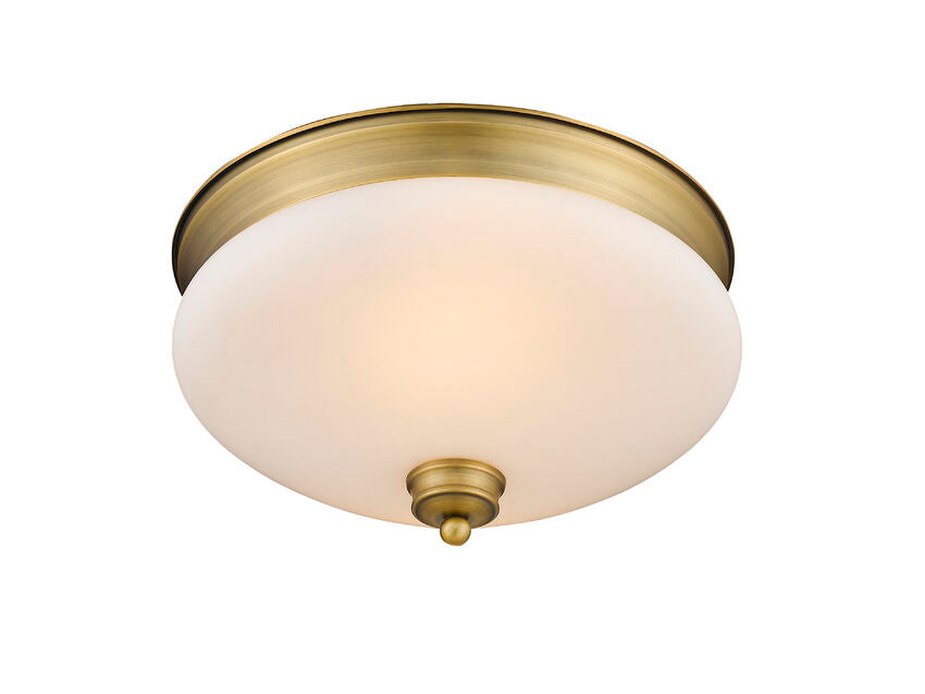 Z-Lite Amon 13" 2-Light Heritage Brass Flush Mount Lighting With Matte Opal Glass Shade