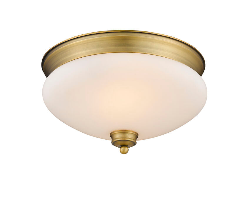 Z-Lite Amon 13" 2-Light Heritage Brass Flush Mount Lighting With Matte Opal Glass Shade