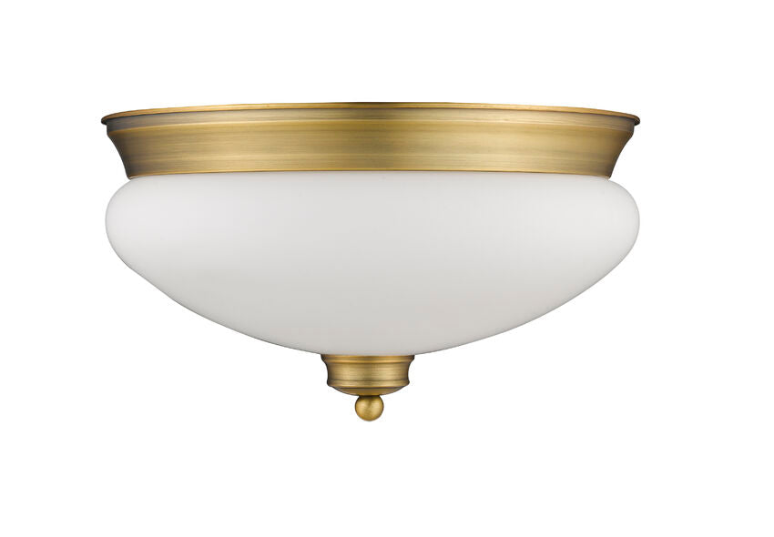 Z-Lite Amon 13" 2-Light Heritage Brass Flush Mount Lighting With Matte Opal Glass Shade