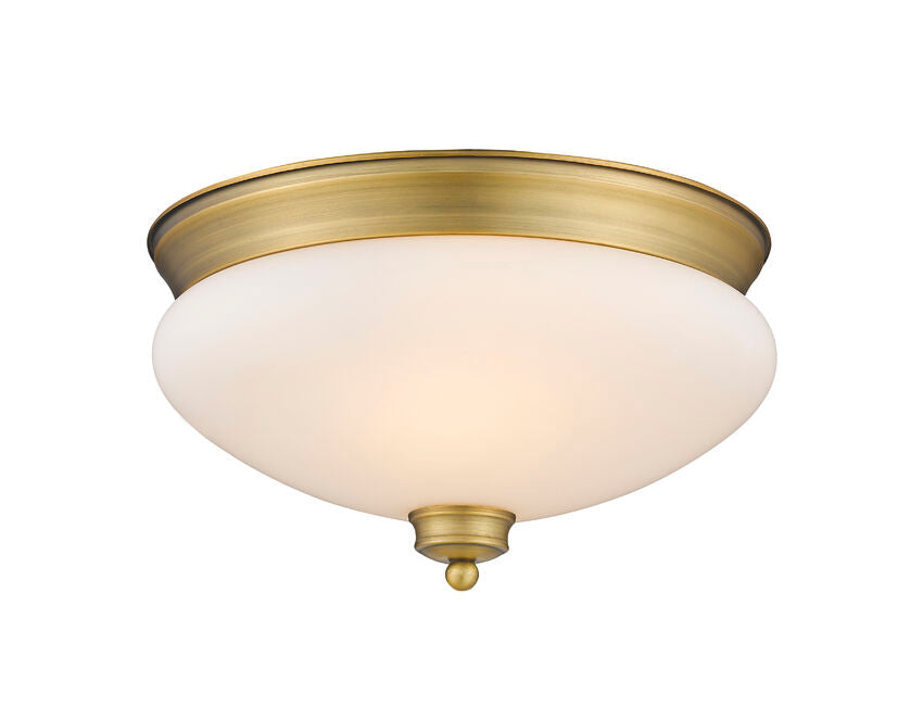 Z-Lite Amon 13" 2-Light Heritage Brass Flush Mount Lighting With Matte Opal Glass Shade