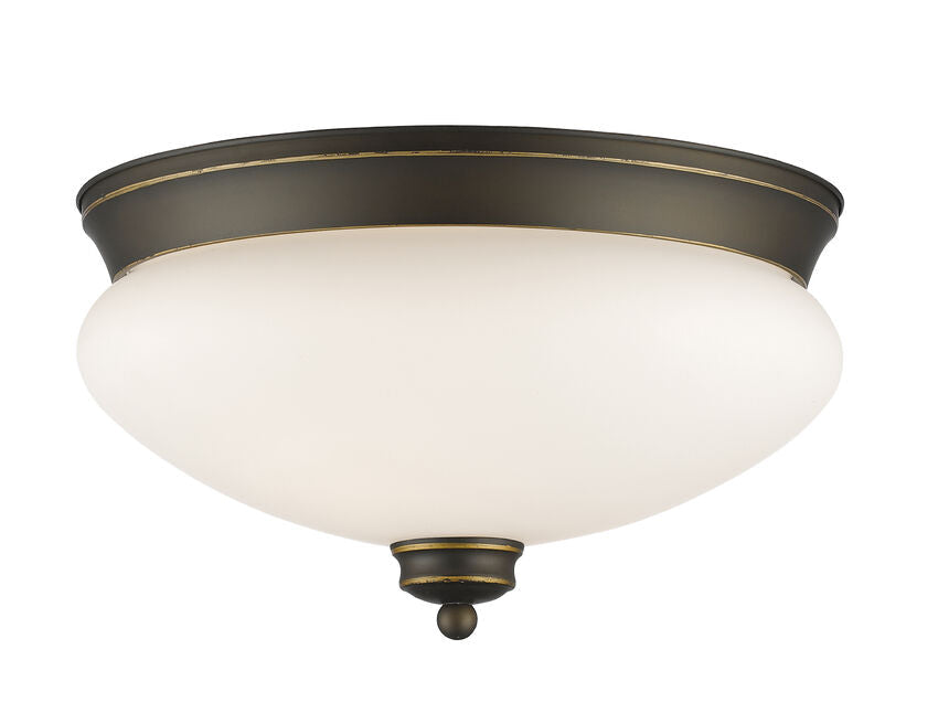 Z-Lite Amon 13" 2-Light Olde Bronze Flush Mount Lighting With Matte Opal Glass Shade