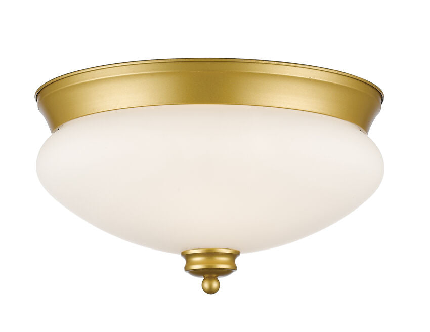 Z-Lite Amon 13" 2-Light Satin Gold Flush Mount Lighting With Matte Opal Glass Shade