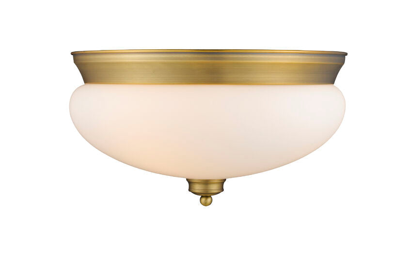 Z-Lite Amon 15" 3-Light Heritage Brass Flush Mount Lighting With Matte Opal Glass Shade