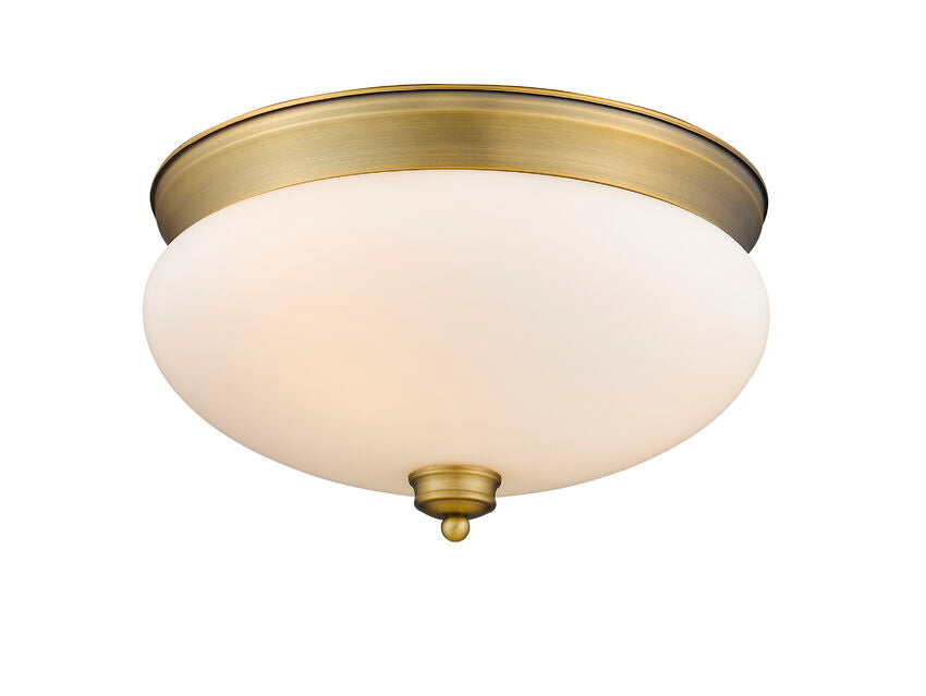 Z-Lite Amon 15" 3-Light Heritage Brass Flush Mount Lighting With Matte Opal Glass Shade