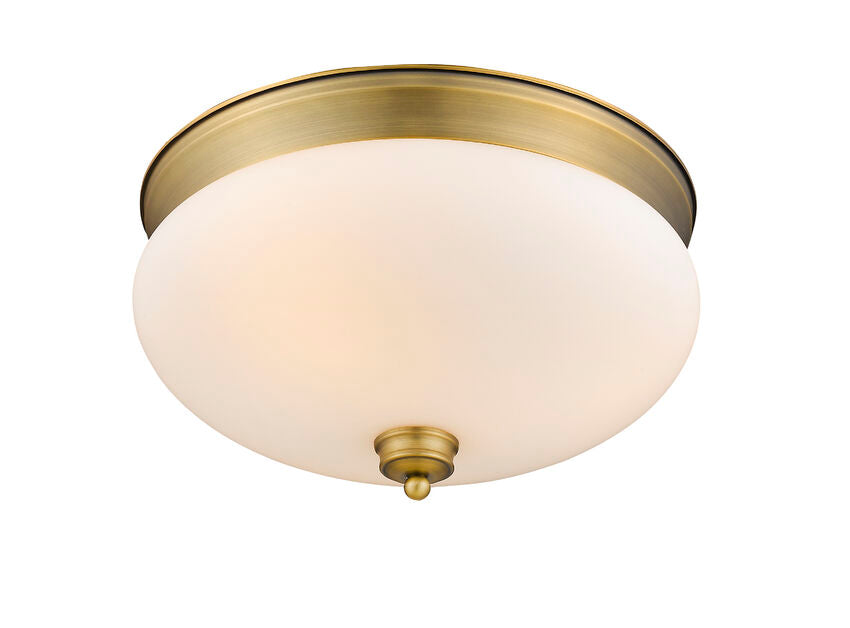 Z-Lite Amon 15" 3-Light Heritage Brass Flush Mount Lighting With Matte Opal Glass Shade