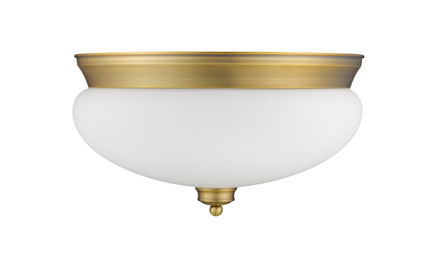 Z-Lite Amon 15" 3-Light Heritage Brass Flush Mount Lighting With Matte Opal Glass Shade