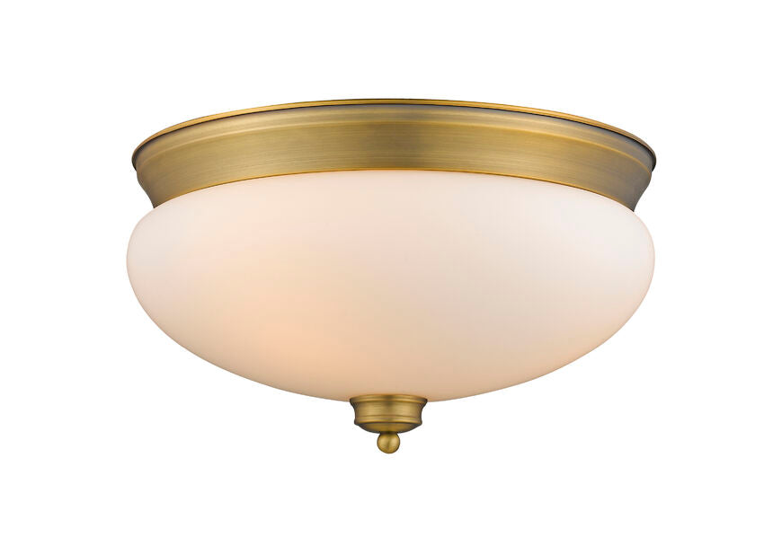 Z-Lite Amon 15" 3-Light Heritage Brass Flush Mount Lighting With Matte Opal Glass Shade