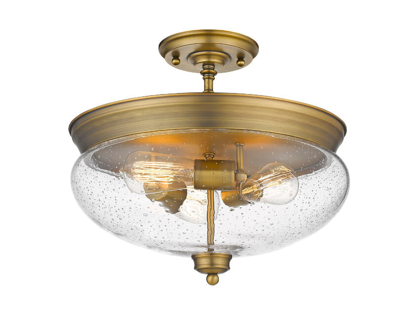 Z-Lite Amon 15" 3-Light Heritage Brass Semi Flush Mount With Clear Seedy Glass Shade