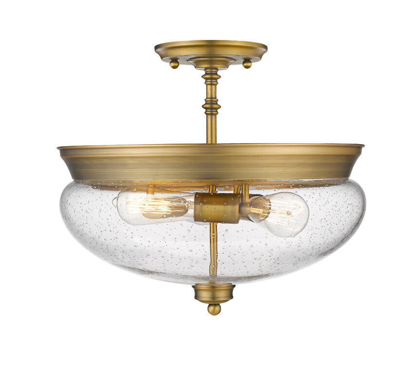 Z-Lite Amon 15" 3-Light Heritage Brass Semi Flush Mount With Clear Seedy Glass Shade