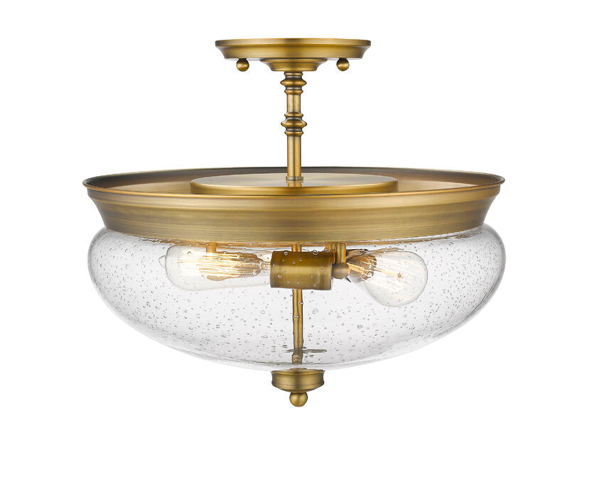 Z-Lite Amon 15" 3-Light Heritage Brass Semi Flush Mount With Clear Seedy Glass Shade