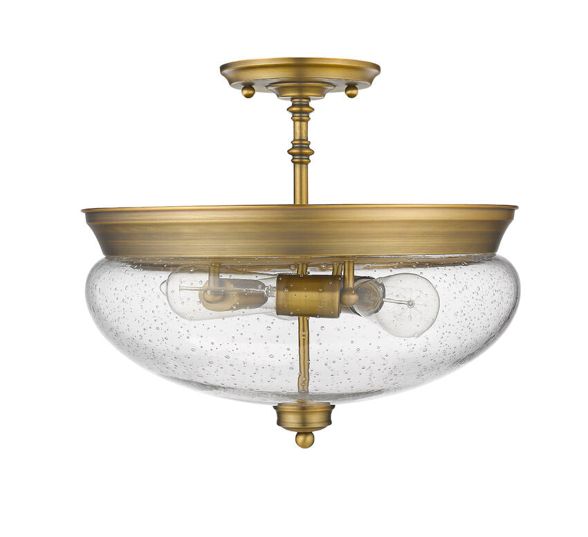 Z-Lite Amon 15" 3-Light Heritage Brass Semi Flush Mount With Clear Seedy Glass Shade