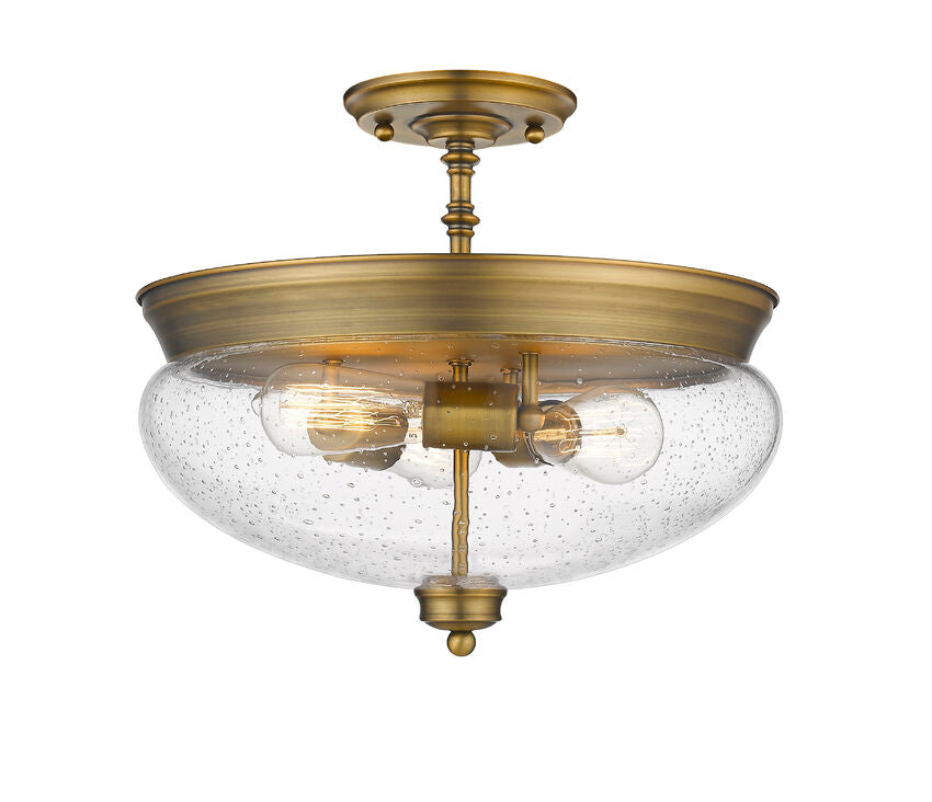 Z-Lite Amon 15" 3-Light Heritage Brass Semi Flush Mount With Clear Seedy Glass Shade