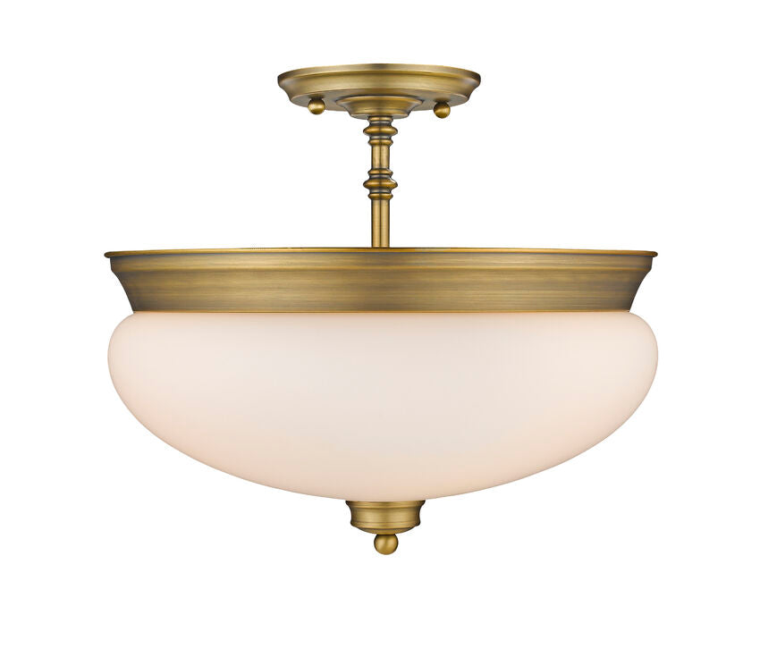 Z-Lite Amon 15" 3-Light Heritage Brass Semi Flush Mount With Matte Opal Glass Shade