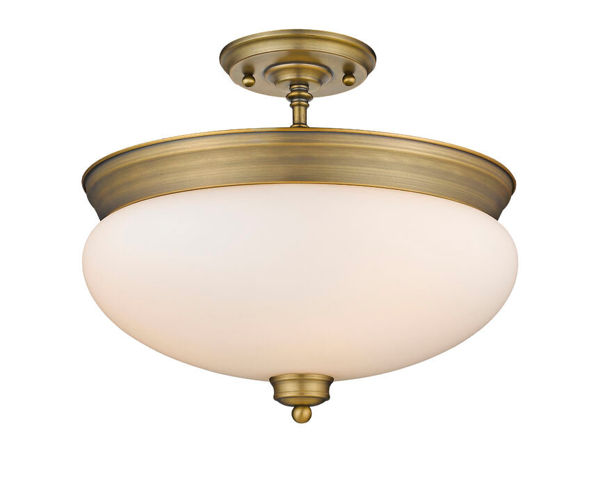 Z-Lite Amon 15" 3-Light Heritage Brass Semi Flush Mount With Matte Opal Glass Shade