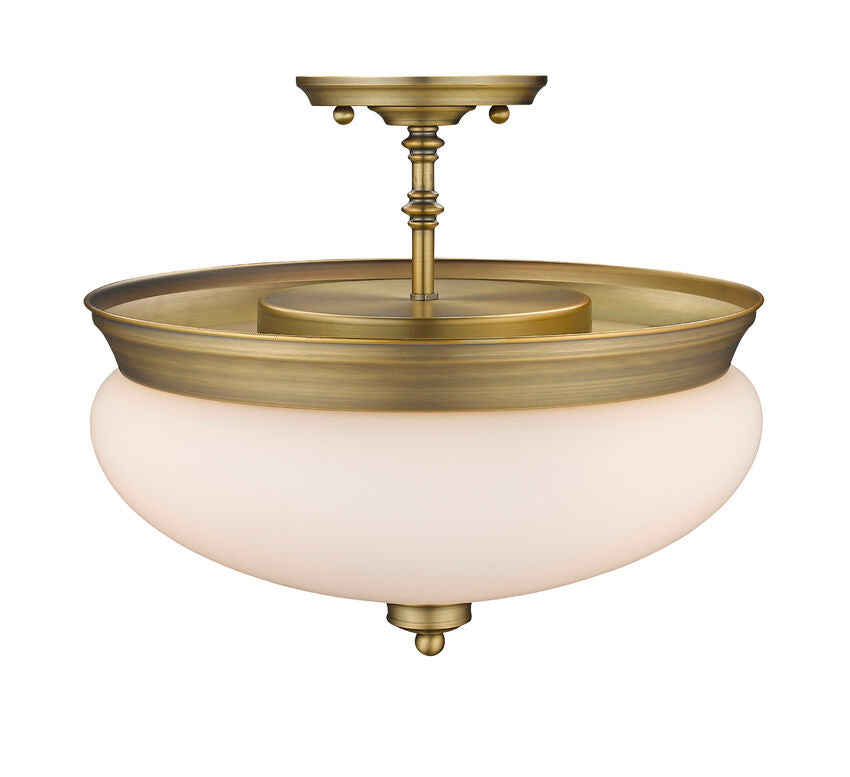 Z-Lite Amon 15" 3-Light Heritage Brass Semi Flush Mount With Matte Opal Glass Shade