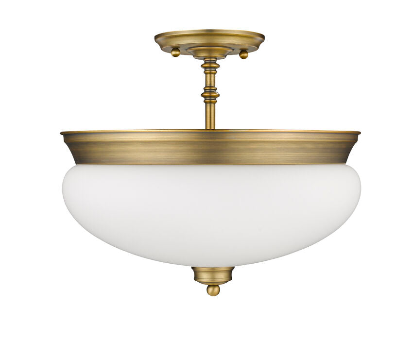 Z-Lite Amon 15" 3-Light Heritage Brass Semi Flush Mount With Matte Opal Glass Shade